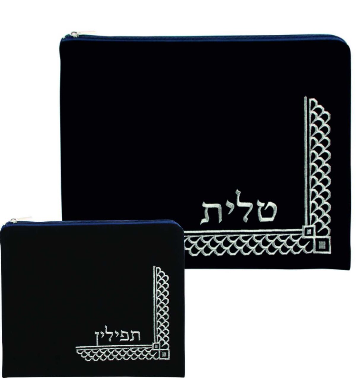 סט כיסוי לטלית ותפילין –  קטיפה כחול כהה בשילוב רקמה