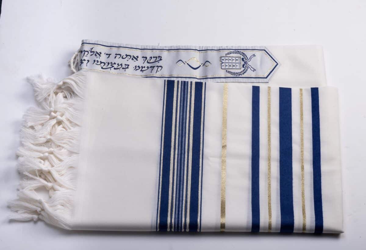 טלית צמר לחאלקה –  גזרת צעיף לילדים – כחול-זהב