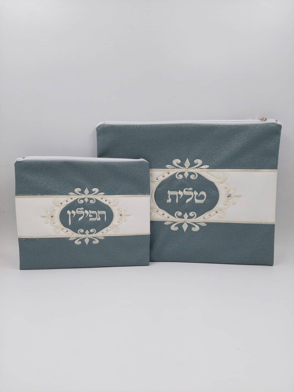 סט כיסוי לטלית ותפילין – דמוי עור – כסף/אפור/ירקרק – עיטורים/נצנצים