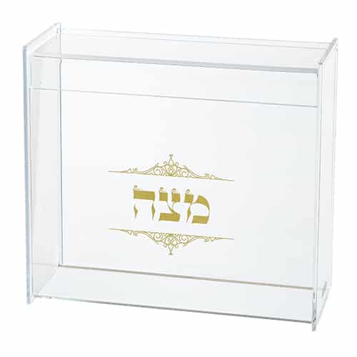 כלי למצה מפרספקס שקוף עם הדפסה וכיתוב "מצה" 21X23 ס"מ