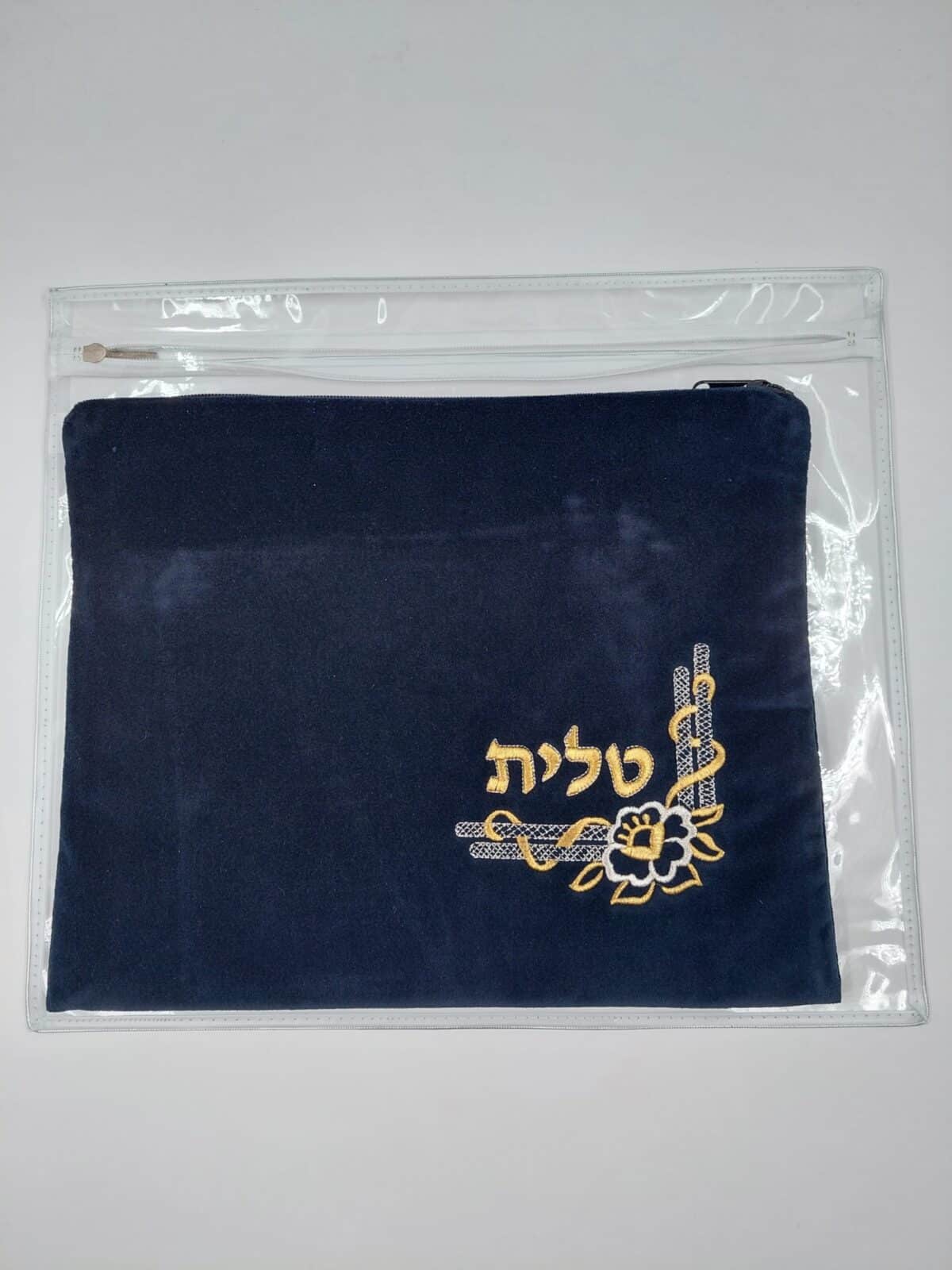 סט כיסוי לטלית ותפילין –  קטיפה כחול כהה – בשילוב רקמה פרח גדול גוון זהב