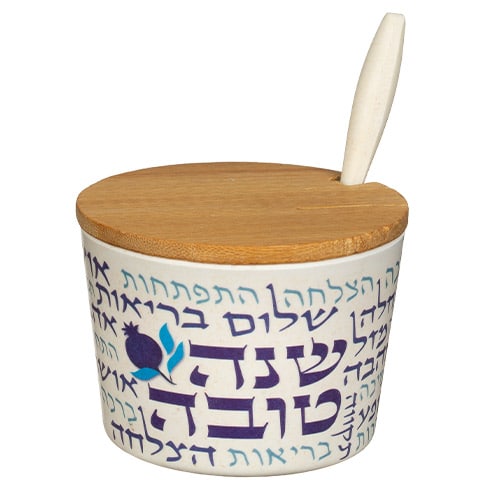 כלי לדבש במבוק טבעי "שנה טובה" כחול - 6.5 ס"מ