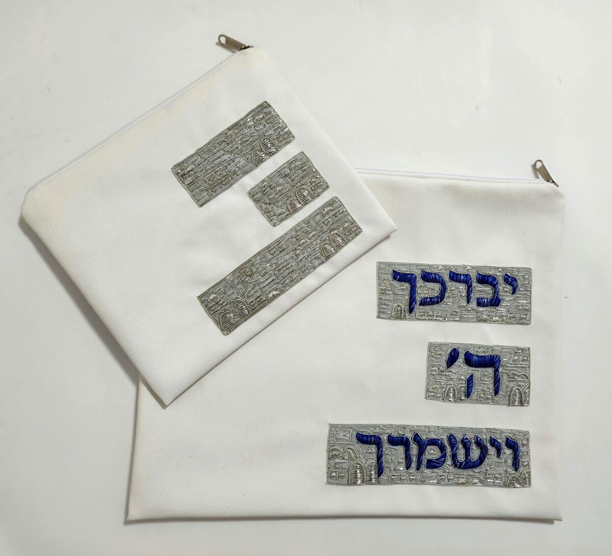 סט כיסוי לטלית ותפילין אימפלה דמוי עור – יברכך כחול – ע"י חוטי כסף
